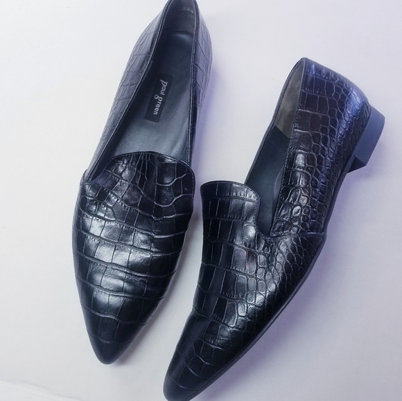 Paul Green | Crocodile Embossed Pointed Toe Loafers.‎ Black 7 - Picture 1 of 6